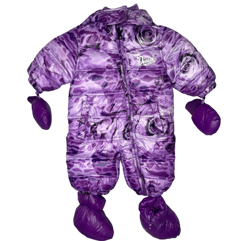 Diesel Industry Baby Purple Camo Rose Floral Puffer Snowsuit Bunting Mittens